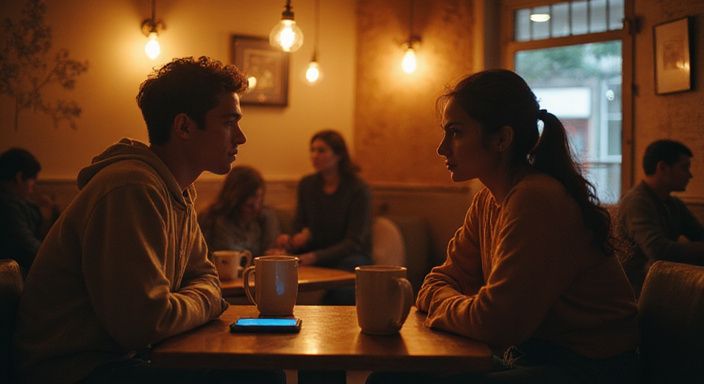 Een jongere zit ontspannen maar gespannen in een vintage café. Een jongere zit ontspannen maar gespannen in een vintage café en wil Stiekem flirten.