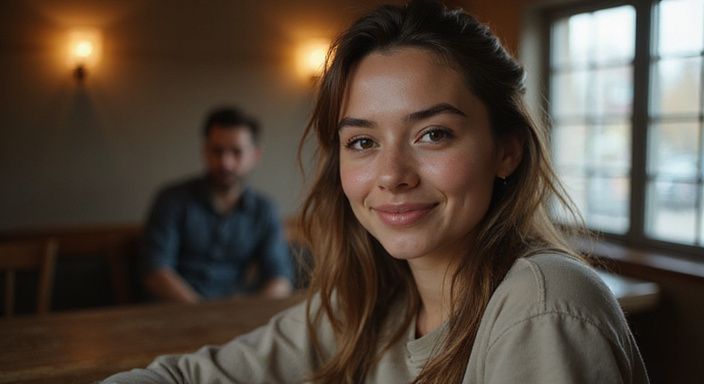 Een vrouw in casual kleding lijkt ontspannen en authentiek. Een vrouw in casual kleding lijkt ontspannen en authentiek.