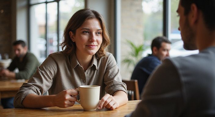 Een vrouw in een koffiehuis geniet van een intieme conversatie. Een vrouw in een koffiehuis geniet van een intieme conversatie over stiekem flirten.