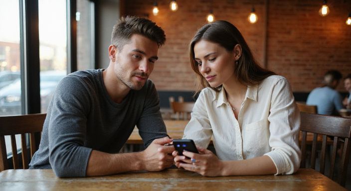 Twee jonge mensen delen een intiem moment in een café. Twee jonge mensen delen een intiem moment in een café en gaan stiekem flirten.