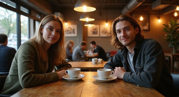 Twee jonge volwassenen genieten van een oprecht gesprek in een café. Twee jonge volwassenen genieten van een oprecht gesprek over stiekem flirten in een café.