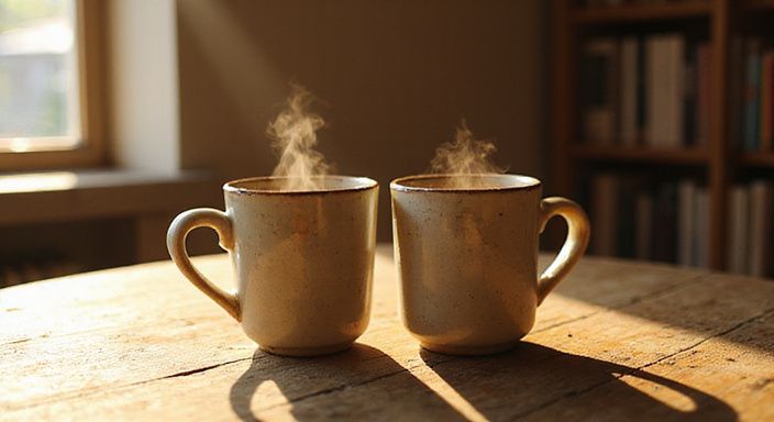 Twee keramische koffiemokken staan dicht bij elkaar op een houten tafel. Twee keramische koffiemokken staan dicht bij elkaar op een houten tafel.