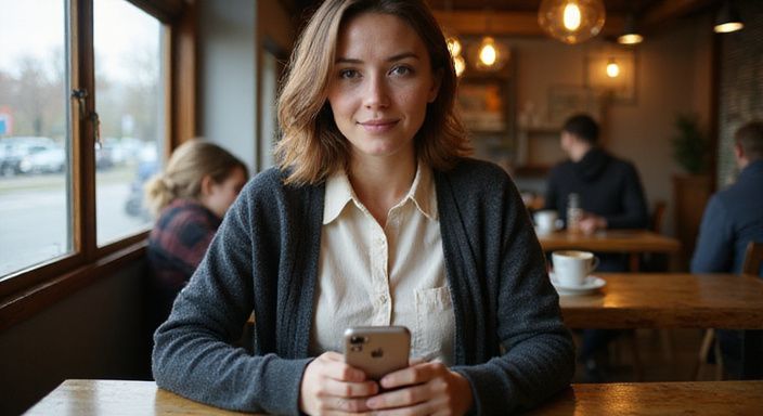Een vrouw in een café met een warme, oprechte glimlach. Een vrouw in een café met een warme, oprechte glimlach wil stiekem flirten.