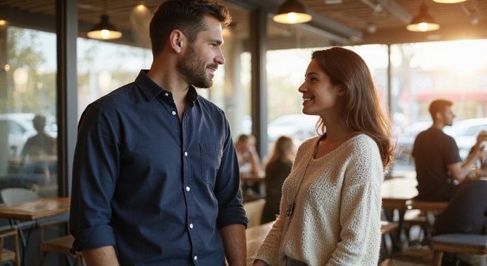 Twee jonge volwassenen voeren een oprechte conversatie in een koffiehuis. Twee jonge volwassenen voeren een oprechte conversatie over stiekem flirten in een koffiehuis.