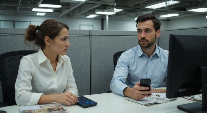 Twee professionals in een modern kantoor, gevangen in een vluchtige blik. Twee professionals in een modern kantoor, gevangen in een vluchtige blik.