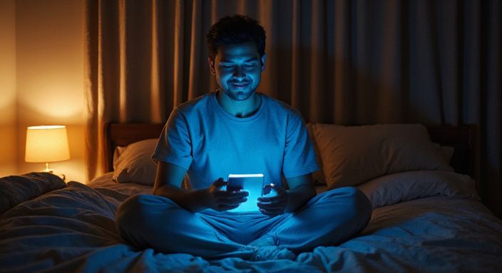 Een jongvolwassene, ontspannen zittend op een bed met een telefoon. Een jongvolwassene, ontspannen zittend op een bed met een telefoon.