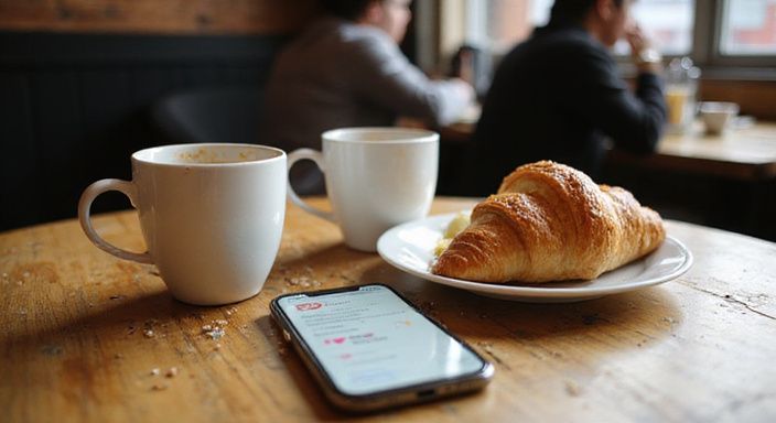 Twee keramische koffiepotten op een verweerd tafel met een croissant. Twee keramische koffiepotten op een verweerd tafel met een croissant.