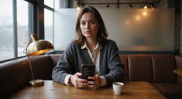 Een vrouw in een café, verdiept in haar smartphone. Een vrouw in een café, verdiept in haar smartphone.