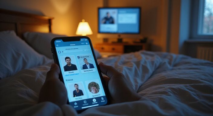 Een persoon gebruikt een dating-app op hun smartphone in bed. Een persoon gebruikt een dating-app voor sexchatten met sexy vrouwen op hun smartphone in bed.