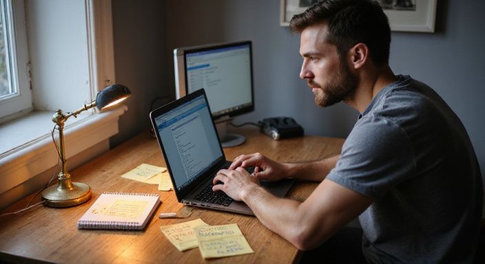 Een man werkt geconcentreerd aan zijn laptop in een thuiswerkruimte. Een man werkt geconcentreerd aan zijn laptop in een thuiswerkruimte.
