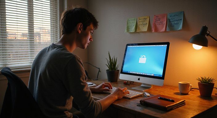 Een jonge volwassene werkt geconcentreerd aan een MacBook Pro. Een jonge volwassene werkt geconcentreerd aan een MacBook Pro.