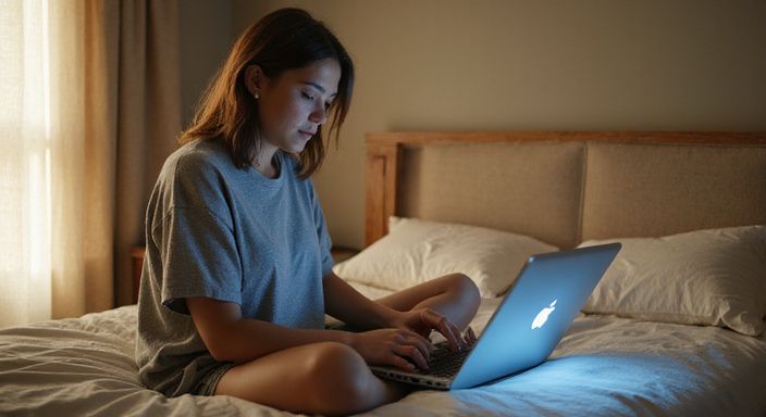 Een vrouw in een oversized shirt zit geconcentreerd op bed met haar laptop. Een vrouw in een oversized shirt zit geconcentreerd op bed met haar laptop.