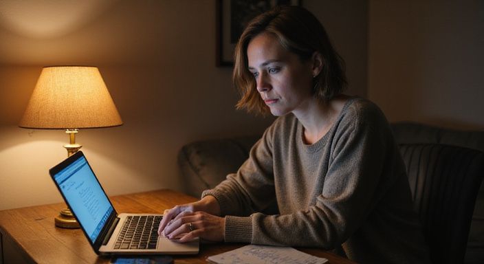 Een vrouw in een sweater verdiept in haar laptop en notities.