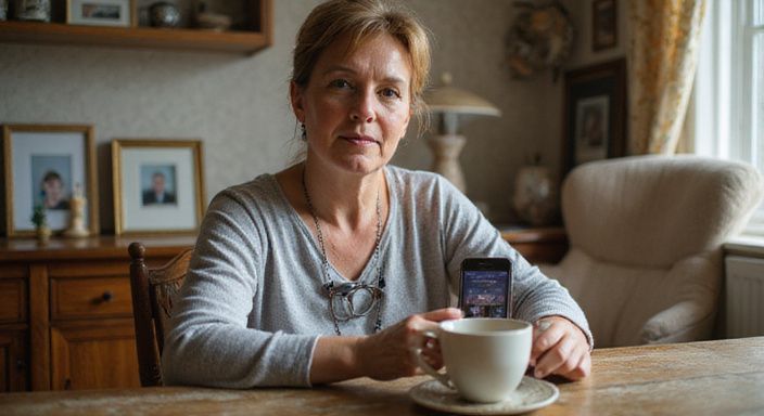 Een vrouw in de vijftig kijkt geconcentreerd naar een datingapp voor huisvrouwen sexcontact.