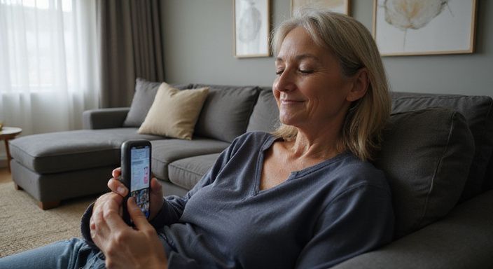 Een vrouw ontspant op een bank en kijkt naar een datingapp voor huisvrouwen sexcontact.