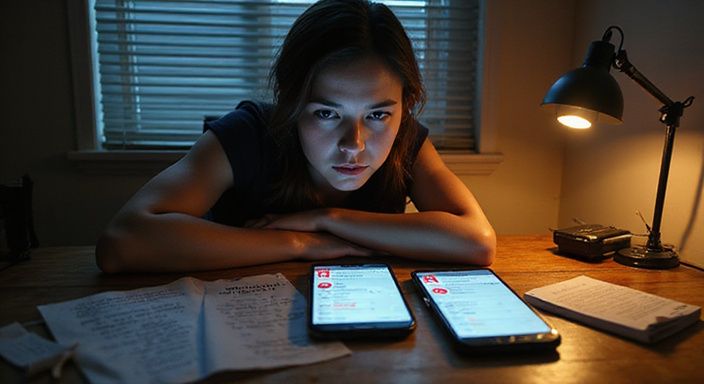 Een bezorgde vrouw bestudeert datingprofielen op meerdere smartphones.