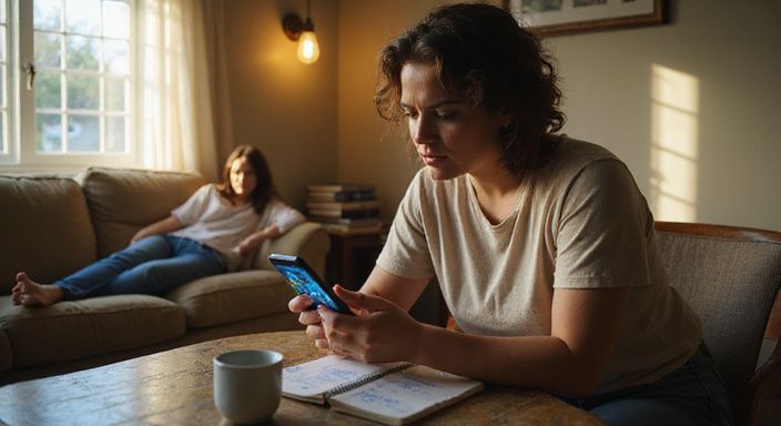 Een vrouw onderhandelt met datingprofielen voor huisvrouwen sexcontact in een gezellige woonkamer.