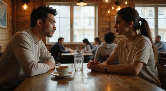 Twee mensen in gesprek in een café met cappuccino en water. Twee mensen in gesprek over transgender dating in een café met cappuccino en water.
