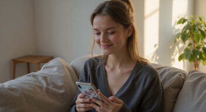 Een vrouw met een smartphone, ontspannen op een linnen bank. Een vrouw met een smartphone, ontspannen op een linnen bank.