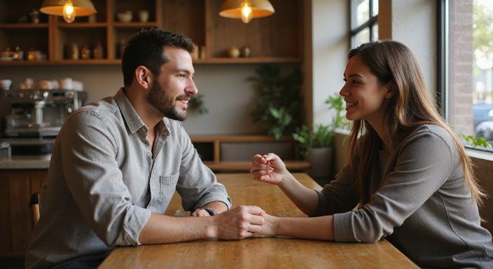 Twee mensen genieten van een eerlijk gesprek in een koffietent. Twee mensen genieten van een eerlijk gesprek over transgender dating in een koffietent.