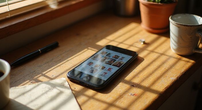 Een smartphone op een versleten bureau met persoonlijke spullen eromheen. Een smartphone op een versleten bureau met persoonlijke spullen er omheen.