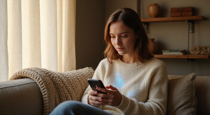 Een jonge vrouw zit op een sofa met een smartphone. Een jonge vrouw zit op een sofa met een smartphone en zoekt transgender dating.