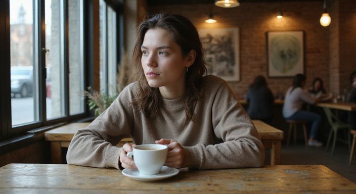 Een jonge persoon zit alleen, diep in gedachten, met een kopje koffie. Een jonge persoon zit alleen, diep in gedachten, met een kopje koffie.