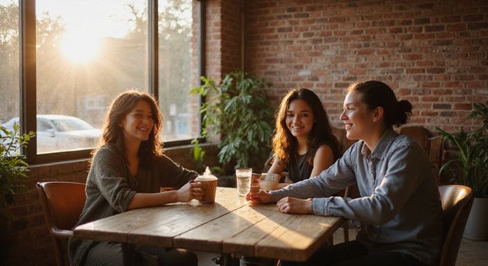 Vrienden genieten van een gezellige koffie bijeenkomst in een café. Vrienden genieten van een gezellige koffie bijeenkomst in een café.
