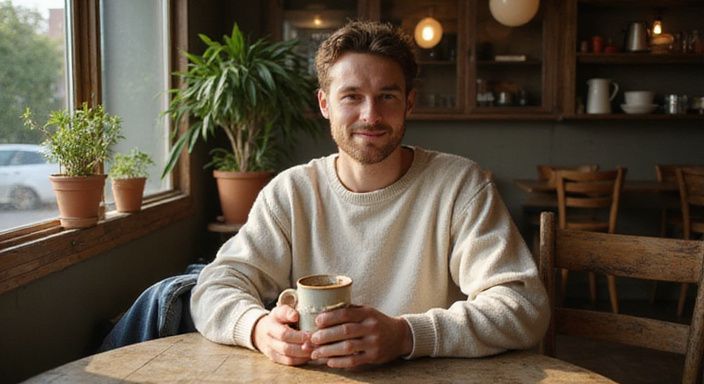 Een ontspannen persoon met een keramische mok in een café. Een ontspannen persoon met een keramische mok in een café.